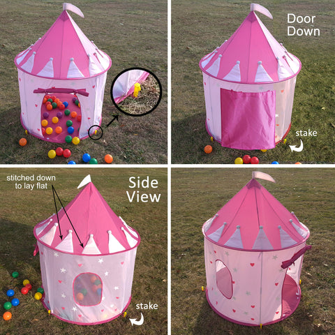 Children Pink Princess Castle Playhouse Play Tent For Girls, Indoor/Outdoor w/Stakes for Kids to Pretend Play, Glow-in-the-Dark Stars, Pop Up and Portable, Foldable into Carry Bag