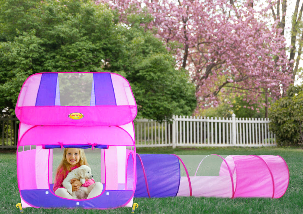 Pink Playhouse Play Tent with Tunnel For Girls Indoor/Outdoor with Stakes