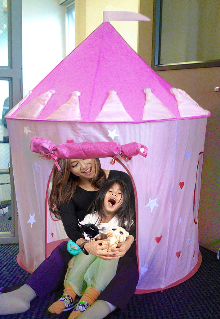Children Pink Princess Castle Playhouse Play Tent For Girls, Indoor/Outdoor w/Stakes for Kids to Pretend Play, Glow-in-the-Dark Stars, Pop Up and Portable, Foldable into Carry Bag